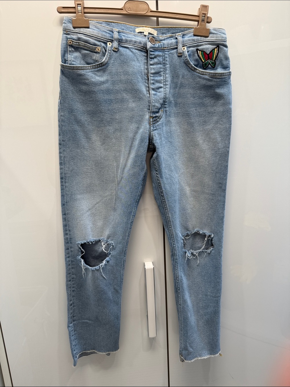 Maje Light Blue Distressed  Women Jeans with Embroidered Patch. Authentic
